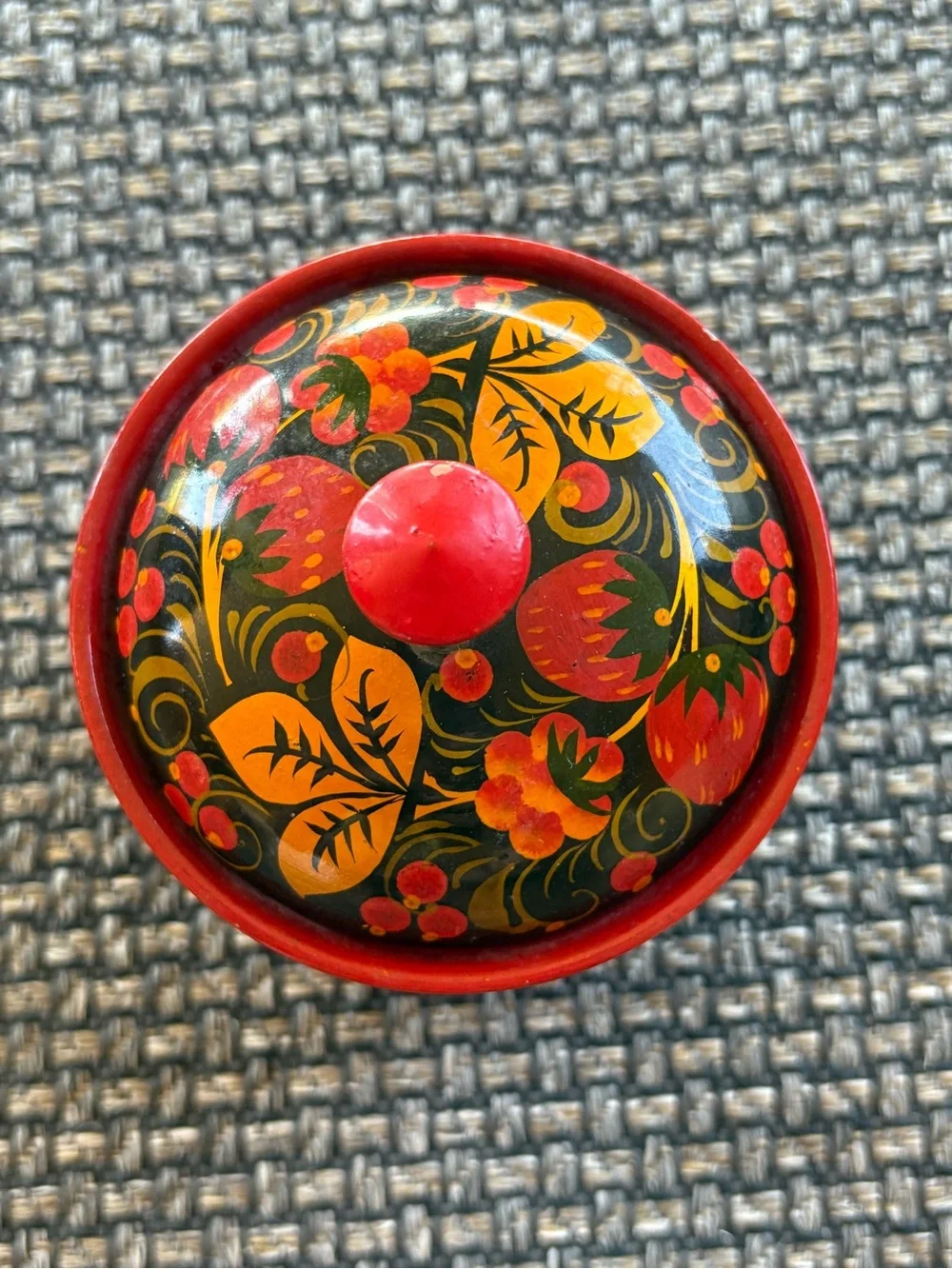 Vintage Traditional Russian Khokhloma Hand Painted Wooden Sugar Bowl Trinket Box